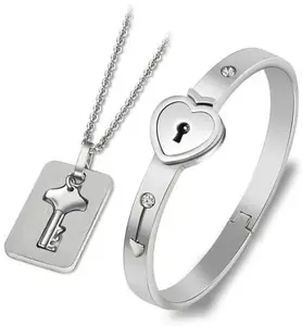 Lila Stainless Steel Lock & Key Bracelet & Chain Pendant (Model : 013) White Grey | Couple Set | Gifting Option