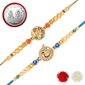 De Marquis Religious Pearl Kundan Rakhi Set, Chawal Roli Pack, Greeting Card Set (2 Rakhi Set + 1 Coin)