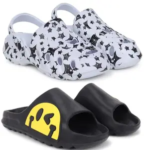 Pampy Angel Combo Pack of 2 Slipper/Flip Flops/Slides/Clogs/Sandals with Adjustable Back Strap for Men,(Cl-A-Star-White,Y-To-Eyes-Black),10 (UK/India)