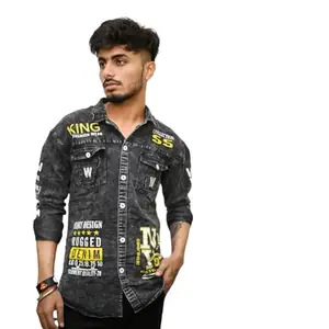 Men's Cotton Latest Black Full Sleeve Regular Fit Printed Denim Shirt, Small