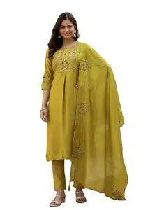 SAMRAGNI Women’s Pure Viscose Mango Silk Kurti Set | Multi Embroidery Sequins with Hand Work | Maslin Silk Embroidered Dupatta