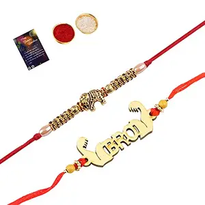 Stylish Bhaiya Rakhi " BRO" Designer Pendent With Designer Look "Elephant" Rakhi Combo For Bhaiya With Roli Chawal And Greeting Card -631