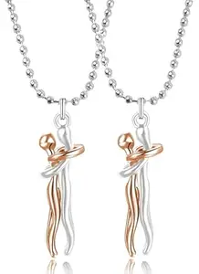 Uniqon Set Of 2 Forever Love Couple (Rose-Gold & Silver) Hugging Embrace Statement Promise Affectionate Hug Me Pendant Locket Necklace With Chain For Valentine's Day Matching