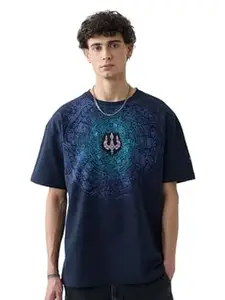 The Souled Store Trident Men and Boys Short Sleeves Roud Neck Blue Graphic Printed Cotton Oversized T-Shirts
