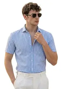Afflatus Men’s Striped Half Sleeve Cotton Shirt | Slim Fit Casual Summer Shirt for Men | Lightweight Breathable Button-Down Shirt for Office and Travel