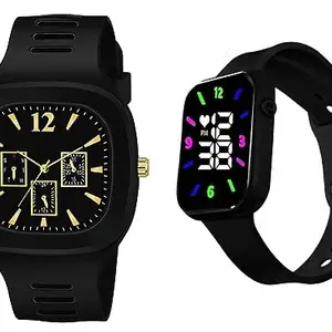 MVS Combo Of Two Analog Digital Square Wrist Watches With Detachable Soft Straps For Men & Women (Black & Black)