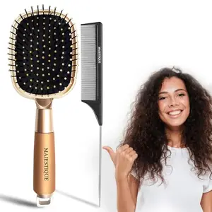 Majestique Paddle Hair Brush & Tail Comb Set – Golden Detangling Brush for Women, Men & Kids – Gentle on Curly, Straight, Thick, Thin, Wet & Dry Hair.