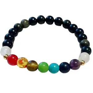 RRJEWELZ Natural 7 Chakra Stone & Black Obsidian Round Shape Smooth Cut 8mm Beads 7.5 inch Stretchable Bracelet for Healing, Meditation, Prosperity, Good Luck | STBR_00036
