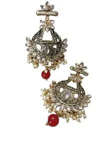 Fashion Empire Traditional Antique Finish Chandbali Earrings with Pearl Clusters and Red Beads, Gold-Toned