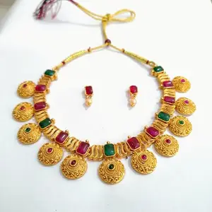 Traditional Temple Gold-Plated Necklace for Women | South Indian Style Jewelry with Green & Pink Stones