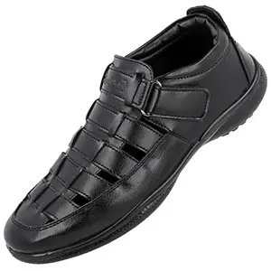 WALKAROO Men's Stylish Roman Sandals Hook & Loop with Velcro Strap for Formal and Casual Footwear - WF6256 Black