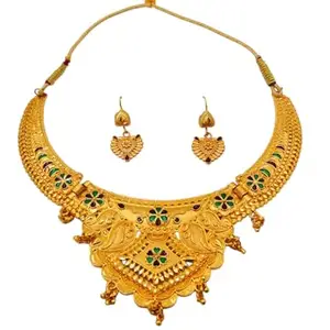 Traditional Gold-Plated Necklace Set for women with Green Enamel Flowers Choker Style with Matching Earrings