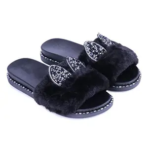 Joda Ghar Women's Slippers Indoor House or Outdoor Latest Fashion Black Cute furr FlipFlop Slipper for women - Eu Size 37 | UK Size 4 [Cheeni Kaan-Black]
