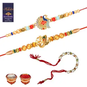 De Marquis 2 Designer Rakhi + 1 Lumba Gift Set for Bhaiya and Bhabhi, Pearl, Kundan Rakhis, Chawal Roli Pack, Greeting Card Set (Multicolor RAKHI set in different design with Roli and chawal)