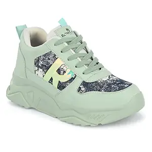 ROWLANS Women's Green Synthetic Leather Lace-up Latest Trendy Sports/Gym/Running Shoes 4UK