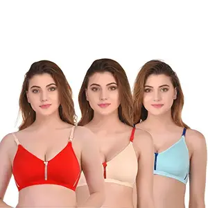 FUNAHME Non-Padded Full Coverage Non Wired Cotton T-Shirt Bra for Girls Women's Combo (Pack of 3) Multicolour