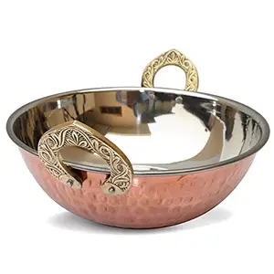Rewari Handicrafts Copper Heavy Base Induction Hammered Cooking Kadhai with Handle for Serving Dish Home Restaurant Hotel Ware - (Silver) price in India.