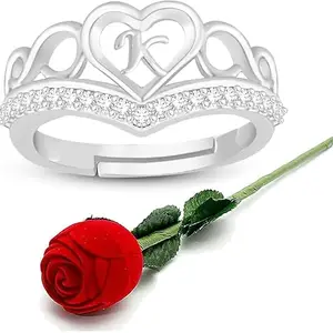 Heer Collection Jewellery Rose Pack with Adjustable Alphabet Ring Crown Heart Valentine Ring Promise Propose Engagement Wedding Anniversary Ring for Men and Women