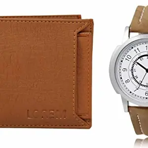 LOREM Tan Color Faux Leather Wallet & White Analog Watch Combo for Men | WL03-LR17
