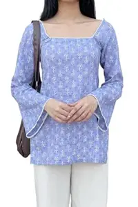 Women's Square Neck Top, Floral Print, Long Sleeve, Casual Tunic Style