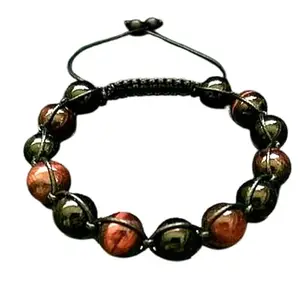 RRJEWELZ Natural Matte Onyx & Red Tigers Eye Round Shape 10mm Smooth Beads Black Color Threaded Shamballa Adjustable Bracelet For Men & Women. |TDBR_1236