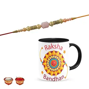 Manonita Rakhi Gift for Brother, bhaiya bhabhi, Gift Set (Rakshabandhan Mug, Roli,Chawal) BLACKMUG-12-BE