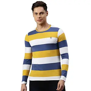 Urbano Fashion Men's Blue, Yellow, White Striped Slim Fit Full Sleeve Cotton T-Shirt (stripetee-Full-bluyelwhi-l)