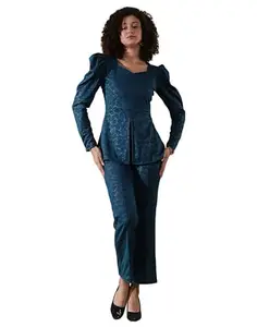SIRIL Women's Co-ord Set Lycra Top and Trouser Pant Set |Two Piece Coord Set | Formal Cord Set (649CTK11322-S_Teal Blue)