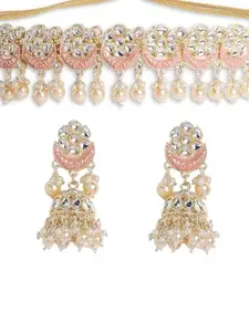Priyaasi Floral Meenakari Design Floral Pearl Elegance Gold Plated Chocker Drop earrings and maangtika Jewellery Set