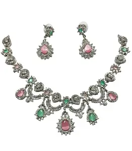Designer Pink & Green American Diamond Necklace Set