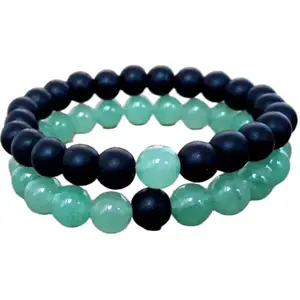 RRJEWELZ green peridot & matte shungite 8mm Round Smooth beads Long Distance Couples Love Friendship Combo Bracelet Set - Couples Relationship 7 inch Stretchable Bracelets set|RR_CPBR_127_7
