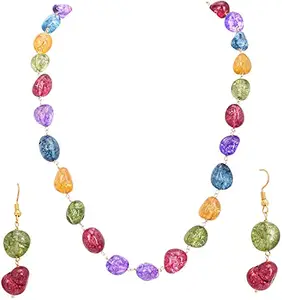 Yash Gems Designer Multi Colors Tourmaline Tumble Stone Pearl Beads Necklace Single Line with Earrings for Women/Girls Jewellery (YGR62)