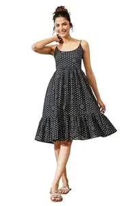 Janasya Women's Navy Blue Pure Cotton Ethnic Motifs Printed A-line Dress