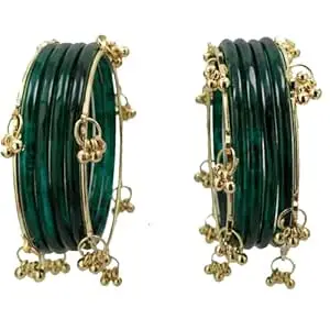ZULKA Trendy Glass Bangles with Alloy Ghungroo Charms For Women & Girls | Fancy Designer Glass Bangles | Traditional Chudi | Kanch Ki Churi | Stylish Ghungroo Bangles For Women - Set Of 12