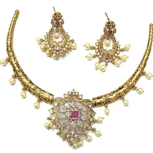 Antique Gold Pearl Necklace Set with Ruby and Crystal Stones, Traditional Indian Wedding Jewellery