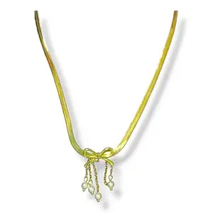 Prisha Arts 2506 Vintage Gold-Toned Bow Necklace with Pearl Drops