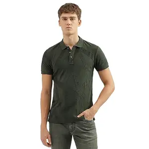 UNITED COLORS OF BENETTON Men's Regular Fit Polo Neck Textured T-Shirt (Size: L)-23A3TRYJ3220IDO5 Olive