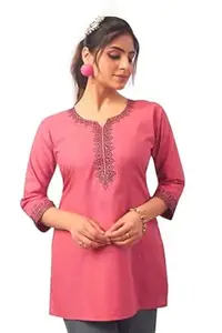GANIX - FASHION THAT DEFINE YOU Women’s Pure Cotton Embroidered Tunic Top | Short Kurti | 3/4 Sleeve Ethnic Western Fusion | Regular Fit Casual Office Wear | Stylish Everyday Comfortable Top for Women