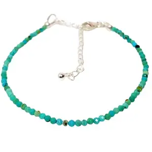 LKBEADS Silver Plated Bracelet with Blue Faceted Hubei Turquoise Beads – Rondelle 3mm – 7 inch Adjustable – For Men & Women|LK_STACK_03791