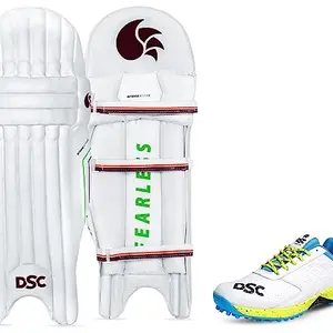 DSC Jaffa 22 Cricket Shoes for Men and Boys UK-10 White/Lime-Yellow & DSC Intense Attitude Leather Cricket Batting Legguard for Mens, Size - Mens, Right Hand