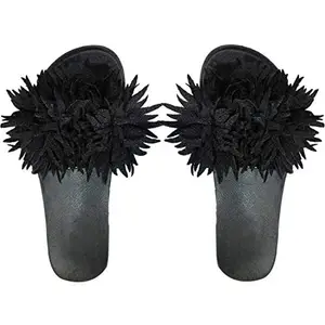 Joda Ghar Women's Slippers Indoor House or Outdoor Latest Fashion Black Flower FlipFlop Slipper for women - Eu Size 37 | UK Size 4 [Kaante Black sole-Black]