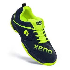 DSC Xeno Badminton Shoes (Navy/Fluro - Yellow, 9 UK / 10 US / 43 EU) | For Men and Boys | With Natural Crape Rubber Non Marking Outsole