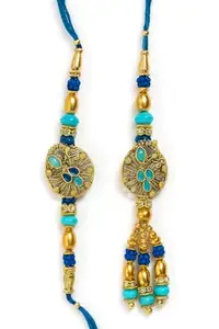 Traditional Rakhi Set with sky Blue Beaded, Decorative Charm, Roli, Chawal, Chandan and Mishri. Religious Festival Accessories