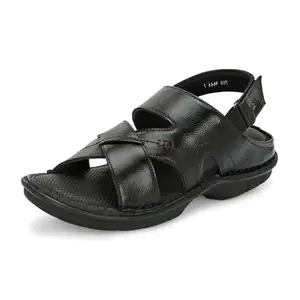 HITZ Men's Black Leather Open Toe Comfort Sandals with Velcro Closure - 9