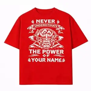 Crafted Signature Pure Cotton Graphic Print Round Neck Half Sleeves Regular Fit Unisex T-Shirt Featuring Viking Warrior Design “Never Underestimate The Power Your Name” _(06-TS-Never)