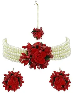 ANURADHA PLUS® Jewellery Women's Pearls Beads & Flower Choker Necklace with Earrings & Maang Tikka Jewellery Set (Red Flower)