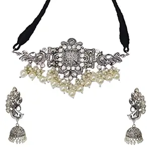 Total Fashion Latest Boho Trible Silver Oxidised Stone Choker Necklace Jewellery Set Women for Girls