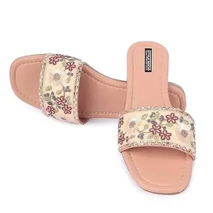 A U R A Fashion Women Ethnic Embroidered Flats Footwear for Casual Wear Party and Formal Wear (Beige, 5)