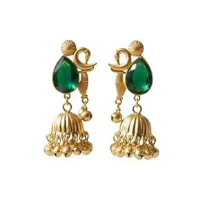 Gold Plated Jhumka Earrings with Green and Red Stones, Traditional Indian Design, 7.5 cm Length