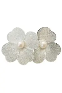 Pearl laser cut Flower Earring Silver Textured Metal, Double Floral Design